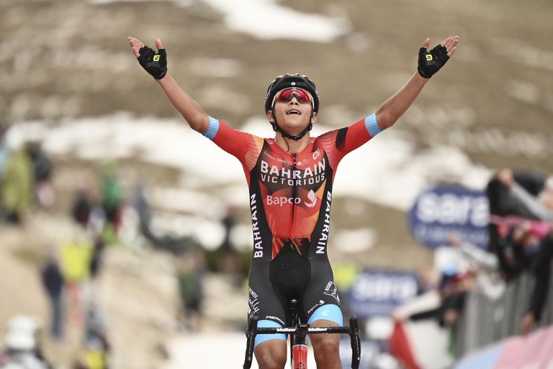 El colombiano Santiago Buitrago celebra tras ganar la 19ma etapa del Giro de Italia entre Longarone y Tre Cime di Lavaredo el viernes 26 de mayo del 2023. (Massimo Paolone/LaPresse via AP)