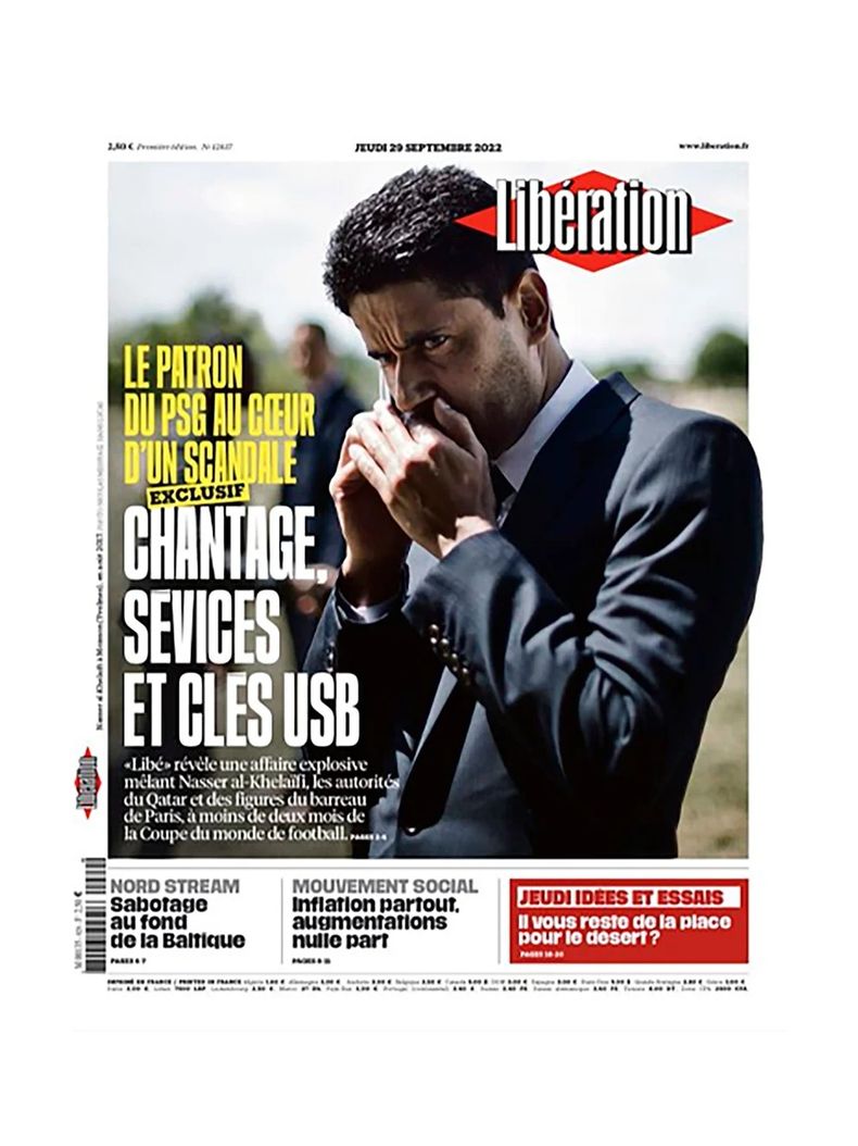 La portada del diario Libération que informa el escándalo protagonizado por Nasser Al-Khelaïfi.