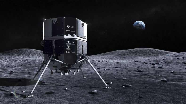 Archivo - Ilustración proporcionada en abril de 2023 por la firma aeroespacial japonesa ispace que representa al módulo lunar Hakuto en la superficie de la Luna, con la Tierra al fondo. (ispace vía AP, Archivo)